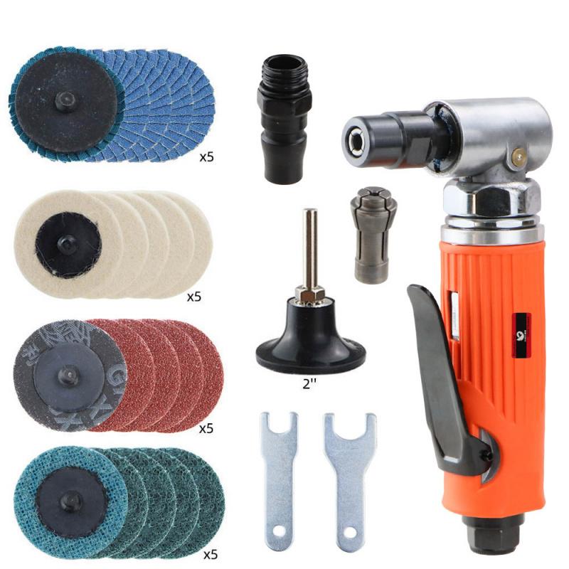 Mini 1/4 Air Angle Die Grinder 90 Degree Pneumatic Grinding Polisher Mill Engraving Machine Carving Tool Kit with Sanding Discs