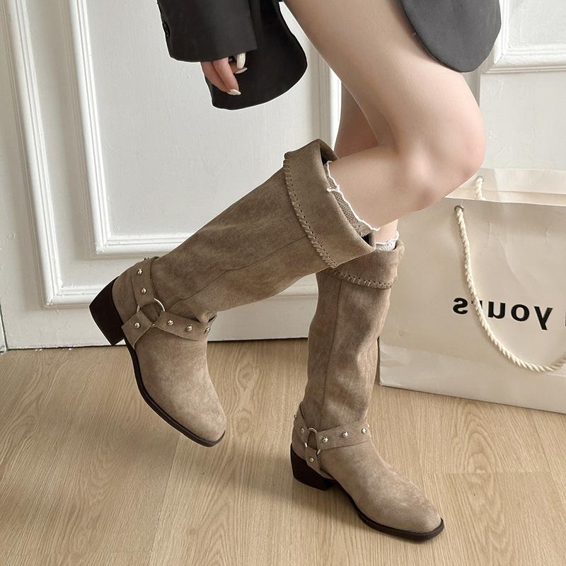 Sheepskin Version! Retro Thick Heel Medium Tube Suede Knight Boots Pointed Western Cowboy Boots Women Wear Belt Buckle Short Boots