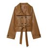Womens Short Faux Leather Trench Coat Double Breasted Lapel Long Sleeve Casual Outerwear