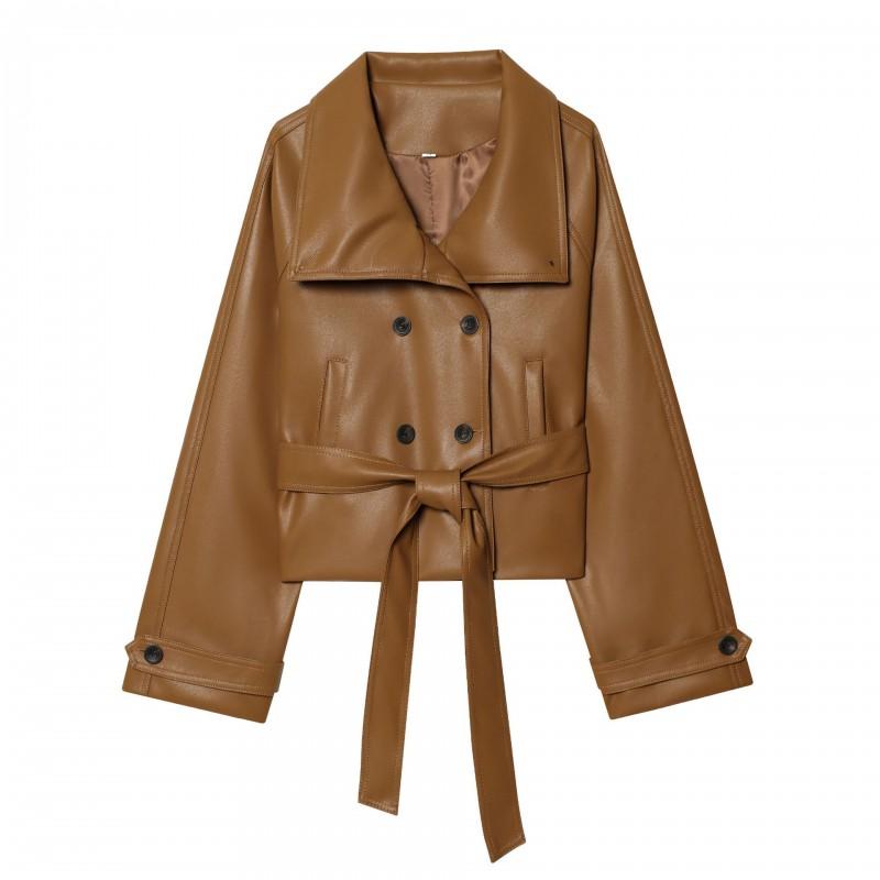 Womens Short Faux Leather Trench Coat Double Breasted Lapel Long Sleeve Casual Outerwear