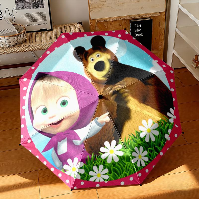 Cartoon Russian Animation Fairy Tale Masha and the Bear Cartoon Umbrella, a Must-have for Home and Outdoor Travel, Foldable Wrought Iron Umbrella W3