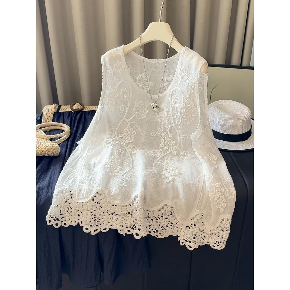 

DIMANAF 2025 Новая летняя футболка женская базовая вязаная кружевная майка без рукавов ажурные топы свободного кроя one size белый