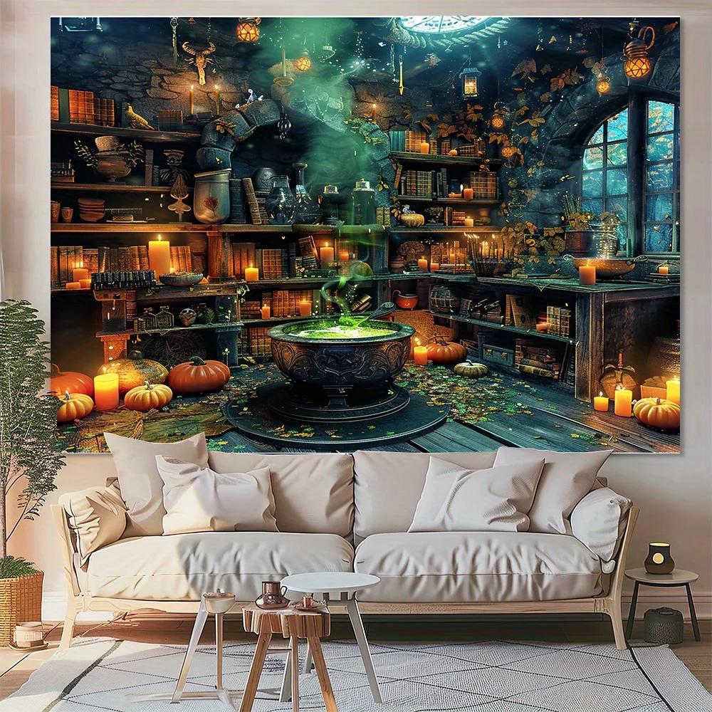 Halloween Horror Hintergrund - Hexen und Magischer Kessel Bücherregal Szene, Partyzubehör