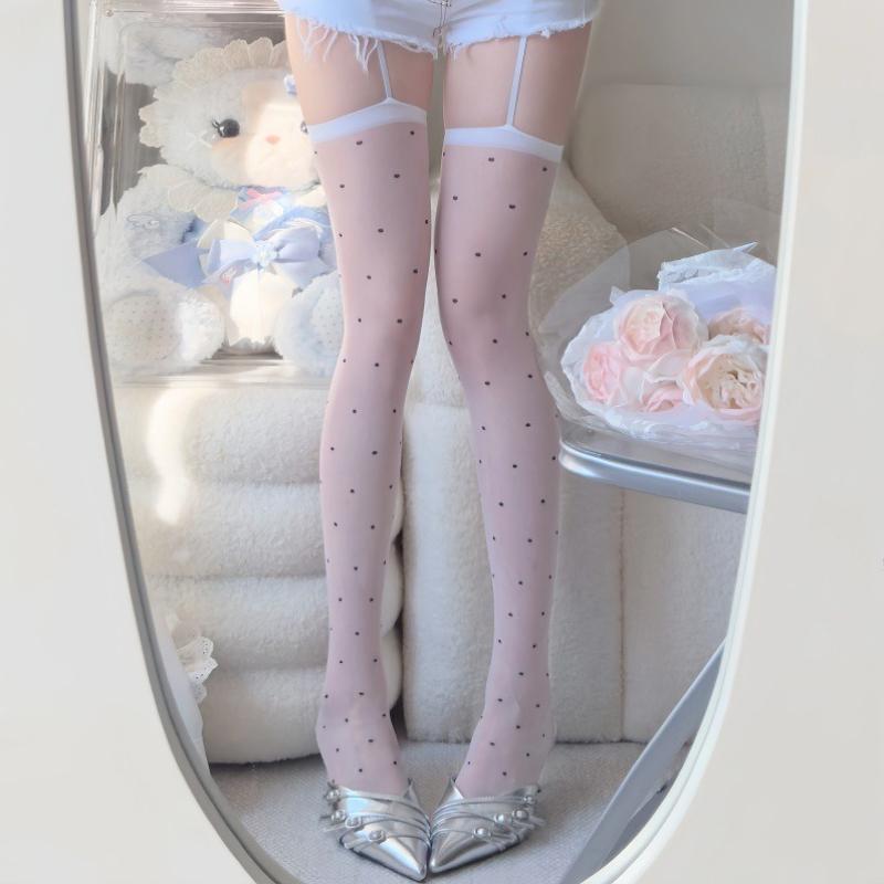 New Fashion Polka Dots Sexy Slim Thigh High Socks Lolita Cute Garter Stockings Women Summer Thin Nylon Suspender Belts Pantyhose