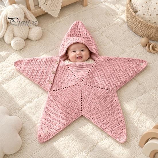 Cozy Wool Yarn Sleep Bag Star Knit Baby Sack, Christmas Newborn Swaddle with Hood, Cute Photo Outfit Soft Romper for 0-3 Months, Holiday Elastic Wrap