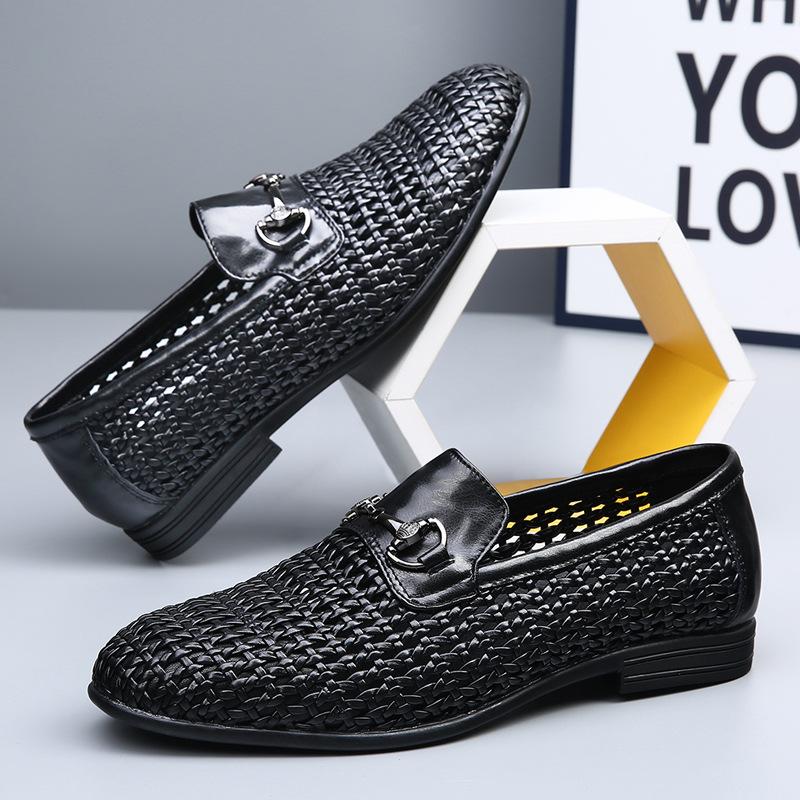Summer men's shoes hollow breathable foot casual leather shoes men's one-pedal trendy versatile hand-woven loafers