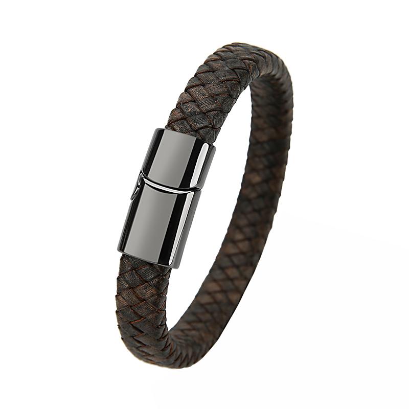 Mibrow Czarna Skórzana Pleciona Bransoleta Męska Rozmiar 10x5 12x6mm Modny Metalowy Magnetyczny Zapięcie Bransolety Owijane Punkowy Charm Biżuteria Męska