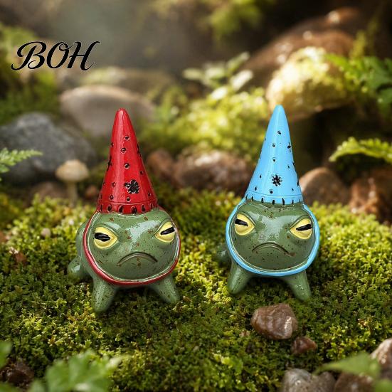 Handmade Frog Sculpture Miniature Figurine, Little Statue with A Party Hat, Decorative Resin Ornament for Outdoor Garden Courtyard Whimsical Decor