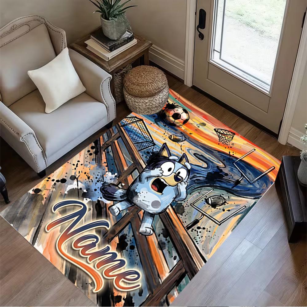 Bluey's Soccer Fun Customized Name Floor Rug Office Rug Suitable for Bedrooms Playrooms Kitchen Dormitory Anti-slip Rug Decorate Offices