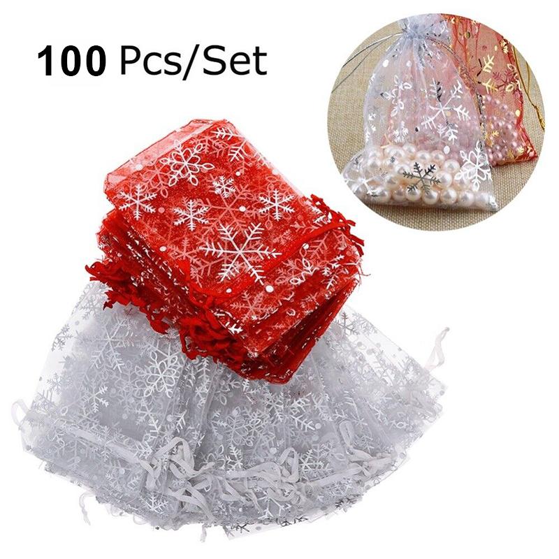 100 Christmas Drawstring Drawstring Mesh Bags Snowflake Organza Holiday Storage Decoration Wedding Gift Ornament Candy Bags