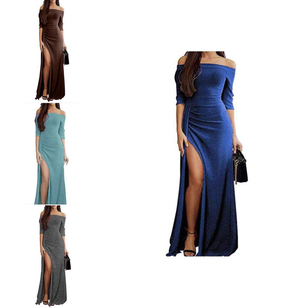 Elegant Women Casual Long Sleeve Patchwork Sequined Off Shoulder Pullover Dress