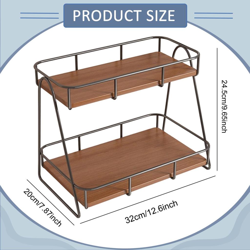 Rustic Two Tier Cup Riser Shelf Organizer Storage Rack Wood Metal for Kitchen Countertop