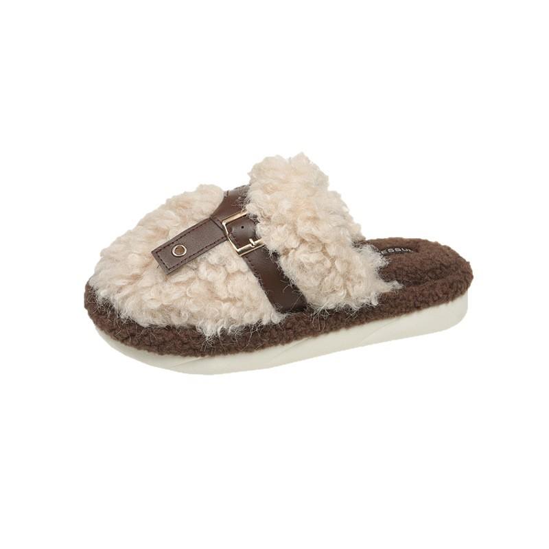 Thick-bottomed Fluffy Slippers for Women's Outerwear 2025 Autumn New Fashion Belt Buckle Lazy Casual Teddy Curly Slippers