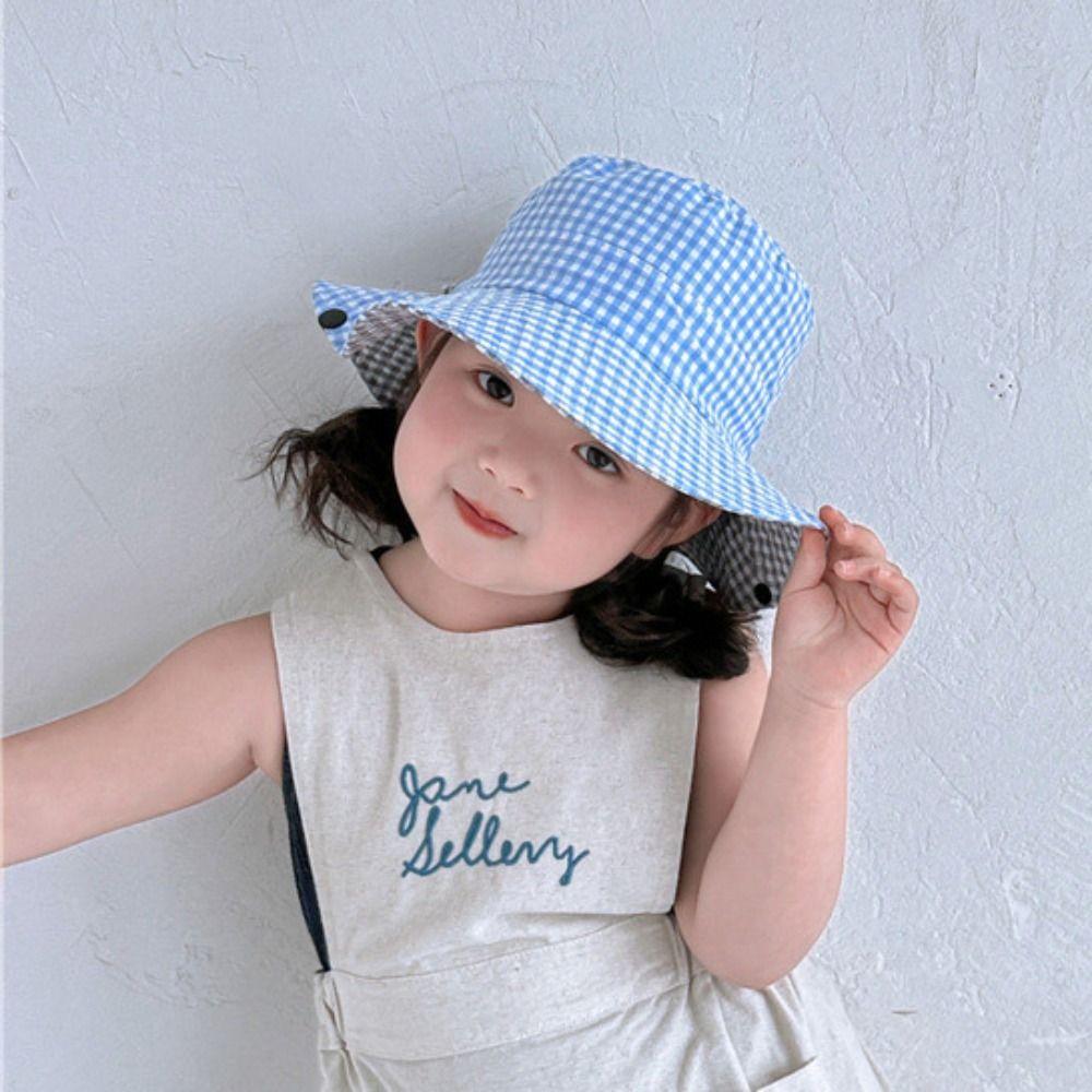 Drawstring Boys Girls Bucket Cap Lattice Baby Sun Hat Breathable Children Fisherman Hat  Outdoor