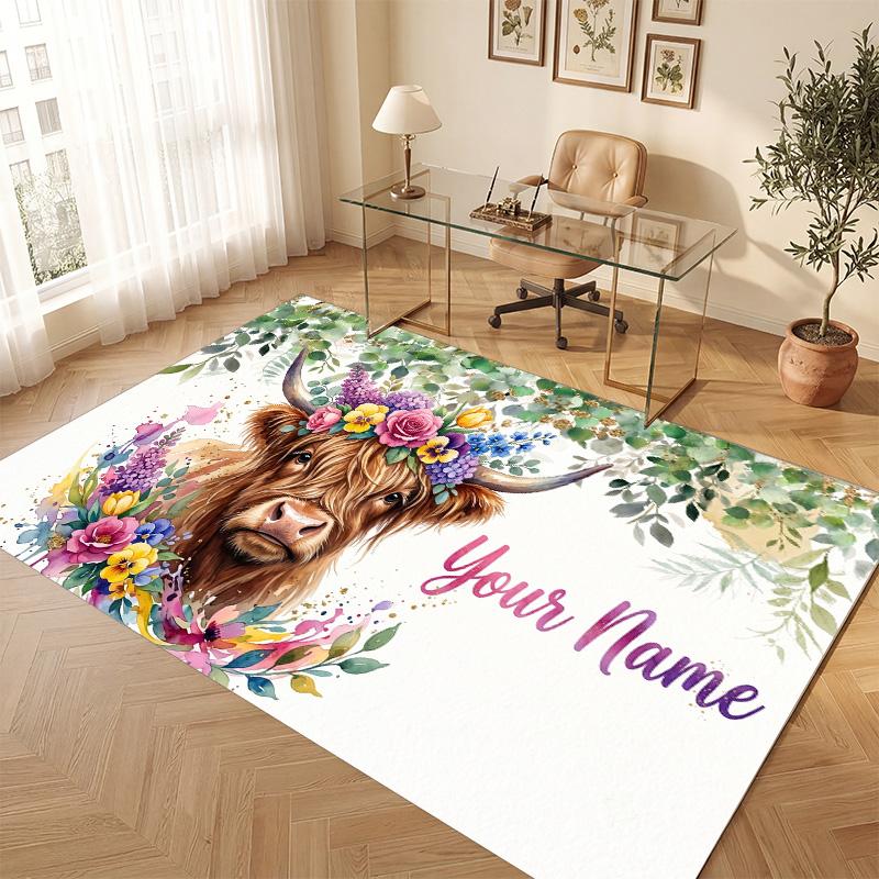 Highland Cow Theme Soft Crystal Velvet Rug Custom Name & Text Print Non Slip Floor Rug for Bedroom Living Room