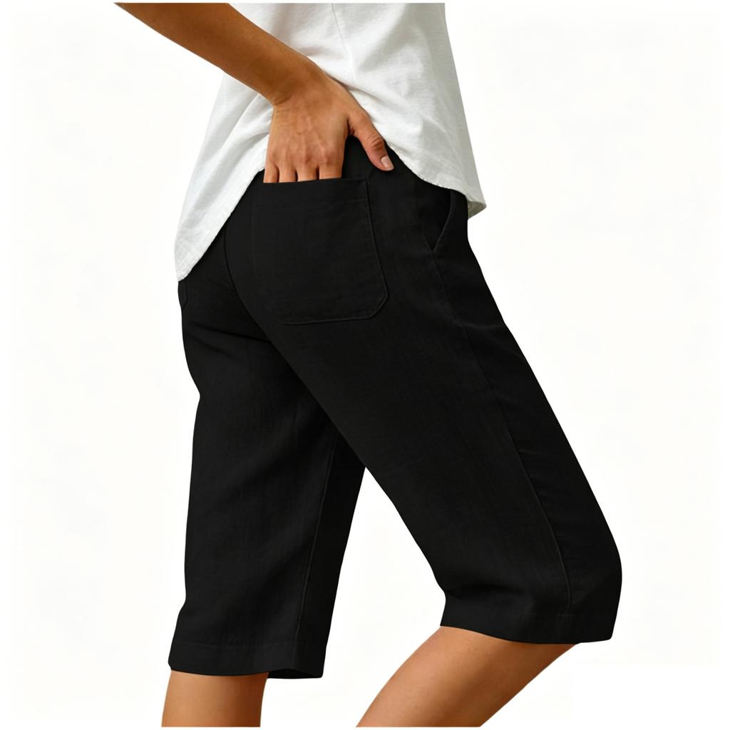 Women's Summer Fashion Elastic Waist Cotton Linen Five Quarter Pants Casual Loose Pocket Shorts