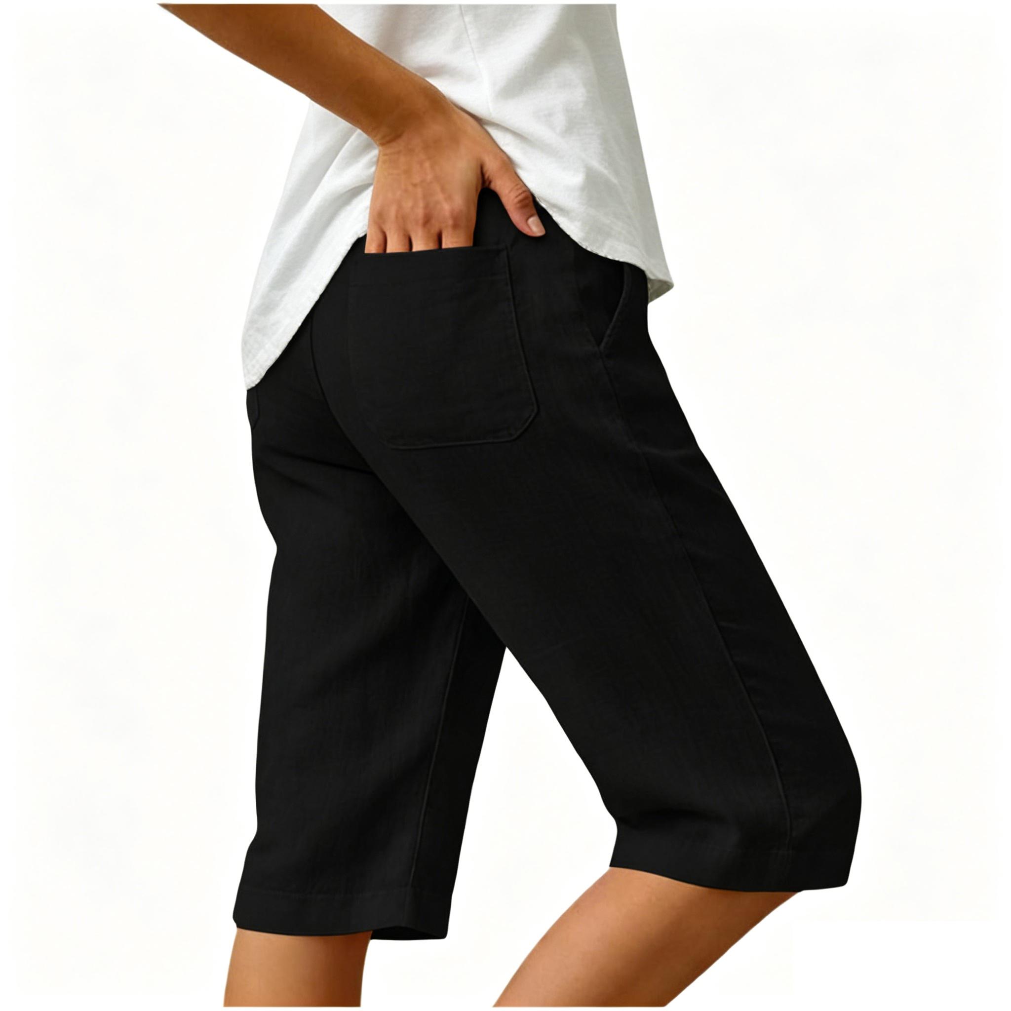 

Women s Summer Fashion Elastic Waist Cotton Linen Five Quarter Pants Casual Loose Pocket Shorts L чёрный