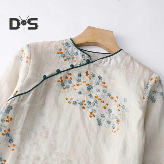 Vestido Midi Cheongsam Qipao Vintage com Estampa Floral para Mulheres Solto Manga Curta Estilo Chinês com Bolsos para Casamento