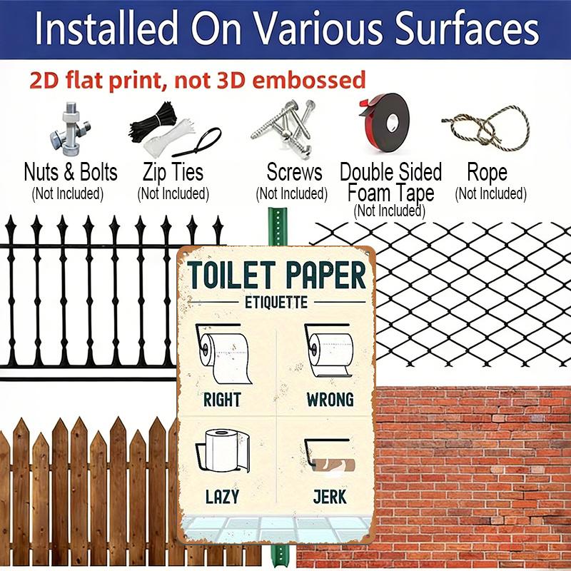 2D Flat, 1pc "Toilet Paper Etiquette" Aluminium Metal Wall Decor Sign - 8"x12" Funny Bathroom Restroom Decor, Humorous Toilet Paper Guide Wall Art