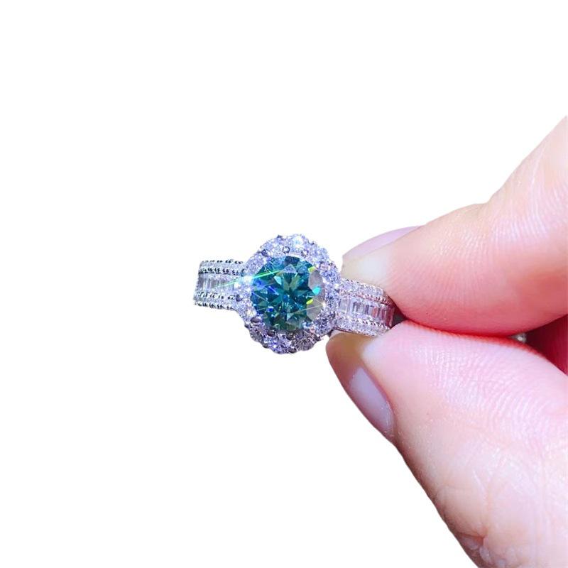 Luxury 1 Carat Green Moissanite Ring - New Style with Lace Design, Verified by Diamond Tester.