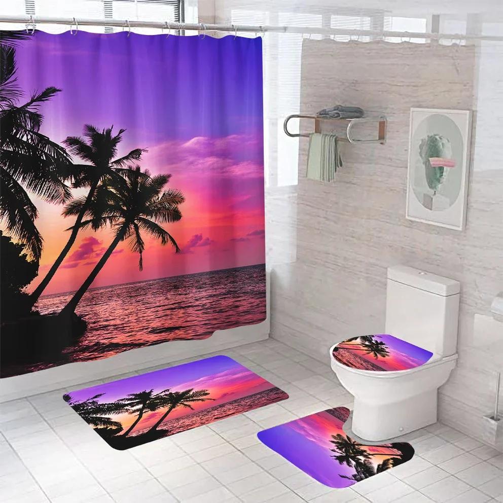 3D Seascape Beach Theme Shower Curtain Sets Toilet Cover Bath Mat Carpet Rugs Bathroom Drapes Shower Curtain Set With Hooks