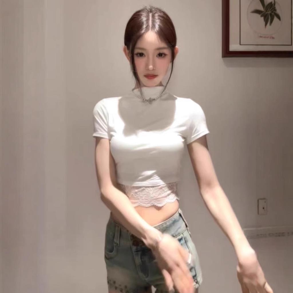 Lace Splicing Design Semi-turtleneck Pure Desire Short-sleeved T-shirt Spice Girl Fashion Slim-fitting Top Ins Women