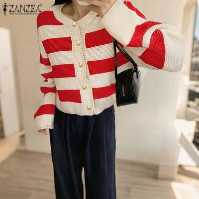 Autumn Spring Women Long Sleeve Striped Casual Knitted Stretch Sweaters Cardigans