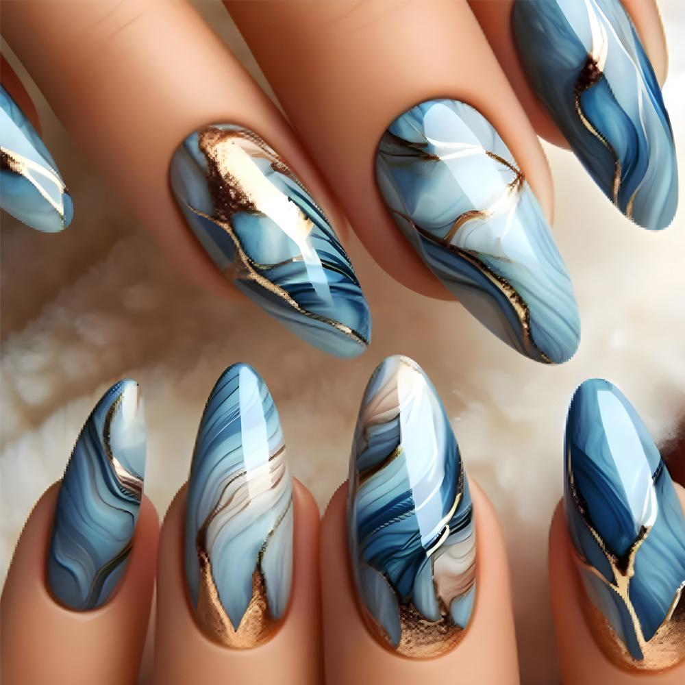 24Pcs Short Almond False Nails Press on Colourful Halo Dyeing Wearable Blue Starry Sky French Fake Nails Set Manicure Nail Art