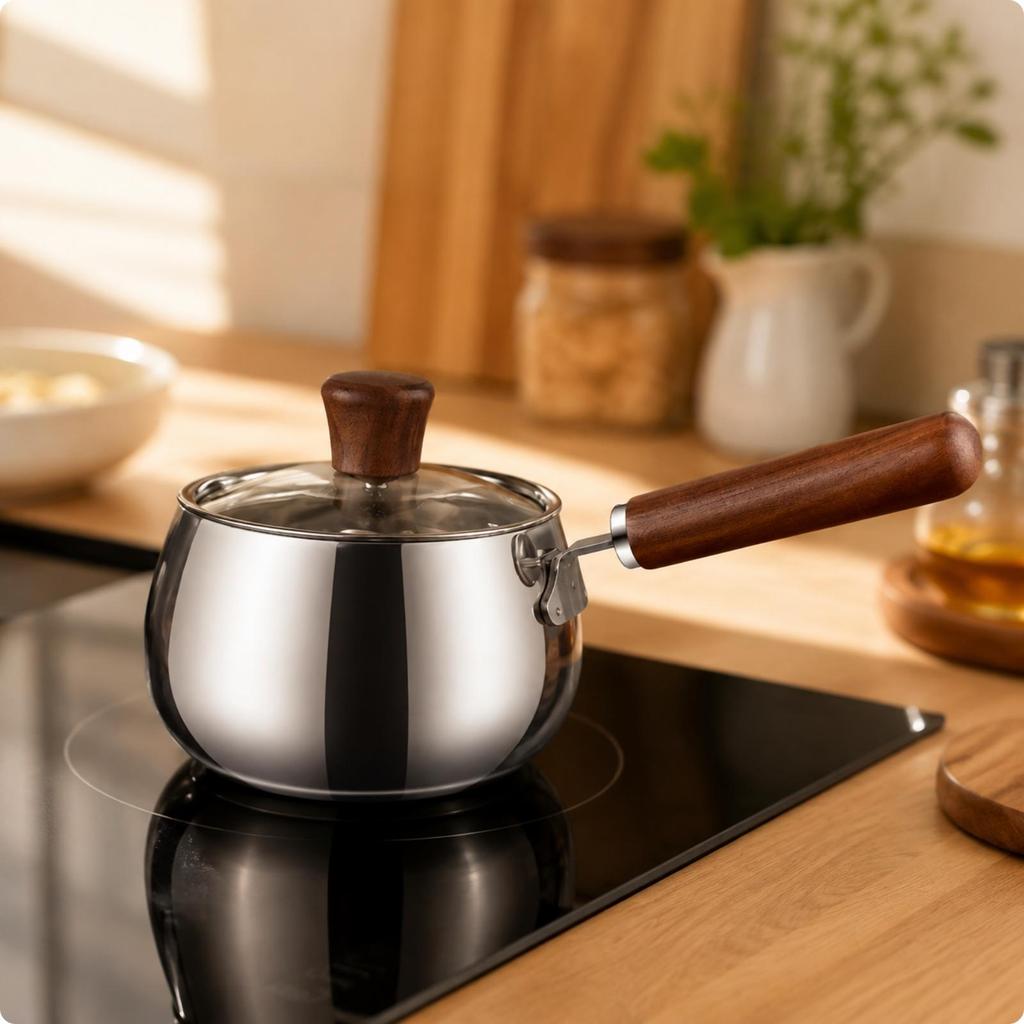 Stainless Steel Milk Saucepan Even Heating Pan with Wooden Handle Uncoated