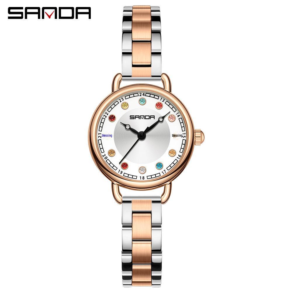Sanda Women's Retro Rhinestone Quartz Watch - Elegant Green Design