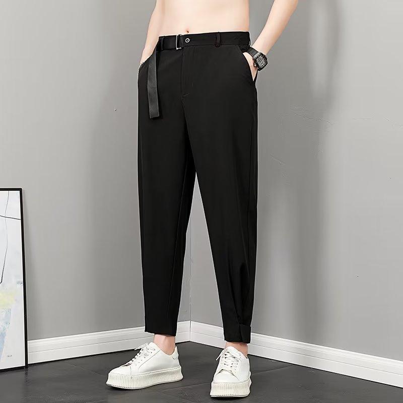 Poloviční elastický pas oblekové kalhoty Pánská móda Značka Britský styl Trendy Fried Street Drape Slim Fit Úzká Černá Neformální Malé