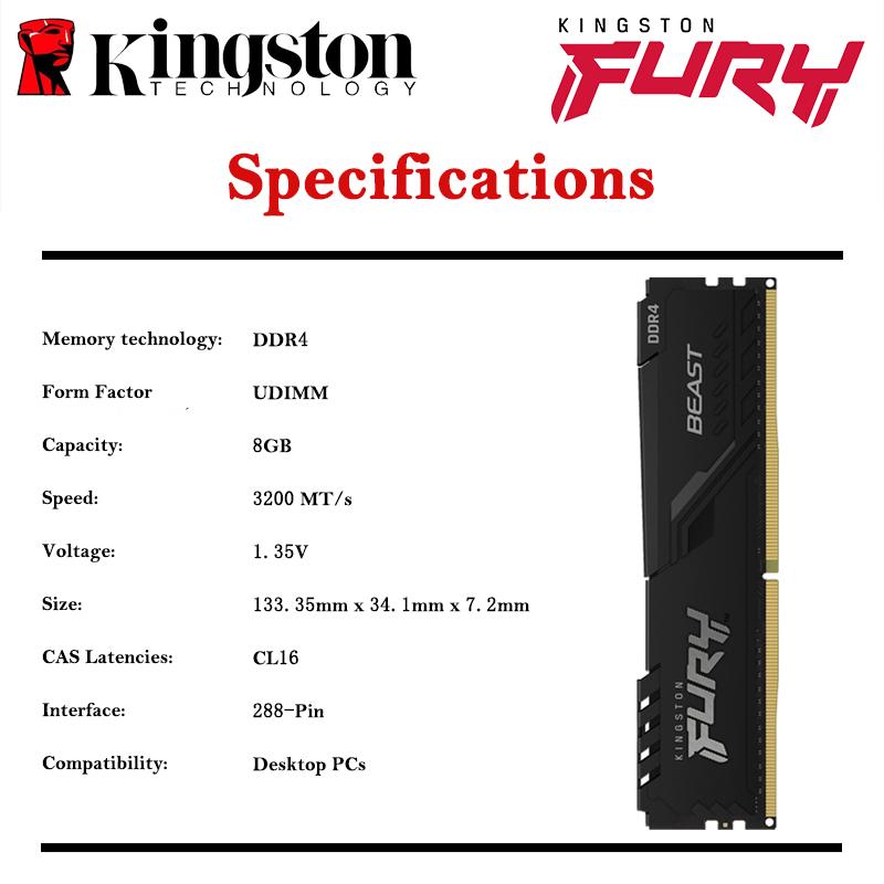 Kingston DDR4 16GB 3200 MT/s 3600 MT/s RAM 8GB 32GB 3200MHz 3600MHz FURY BEAST Stolní paměť Single Stick RAM UDIMM DDR4 Dimm PC herní paměť
