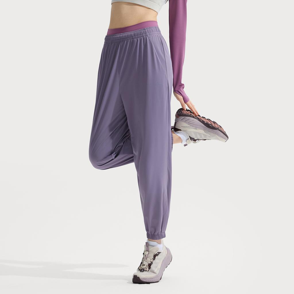 Li Ning Fitness Series Casual Simple Solid Color Ice Silk Quick Dry Cool Anti Ultraviolet Cuffed Elastic Knitted Sports Pants Women Bottoms AKYV196-3