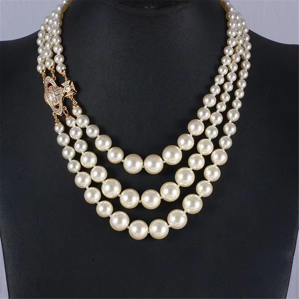 Tooxika Triple Gradient Pearl Magnetic Clasp Saturn Necklace Luxury Collar Chain For Women