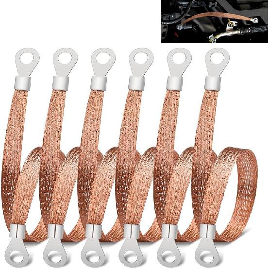 6 PCS Universal Automotive Braided Copper Ground Strap, 12 Inch Engine Ground Strap Kit With Terminal Plugs, Copper Tinned Ground Strap Wire For Most