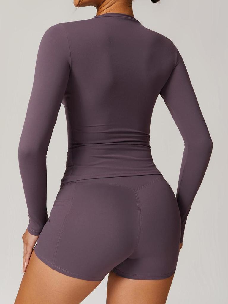 Women's Elastic Long Sleeve Shorts Yoga Suit for Spring/Summer - Tight Fit for Pilates, Running, Fitness