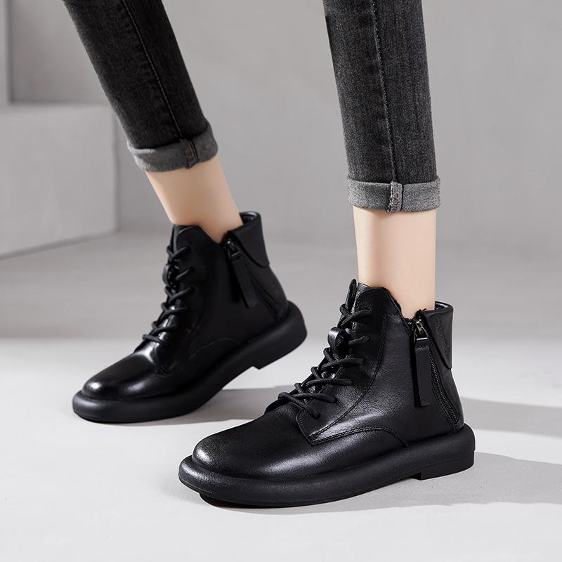 First-layer Cowhide Martin Boots Women's Autumn and Winter 2025 New Flat-bottomed Velvet Double Zipper Cowhide Women's Short Boots