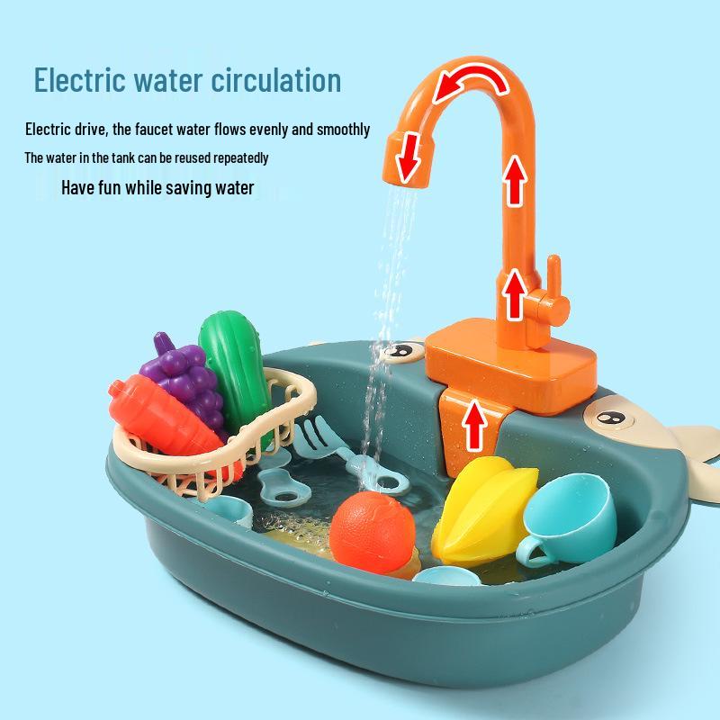 Cartoon Cow Electric Faucet Toy Kitchen Set with Sink, Stove, and Play Fruits & Vegetables