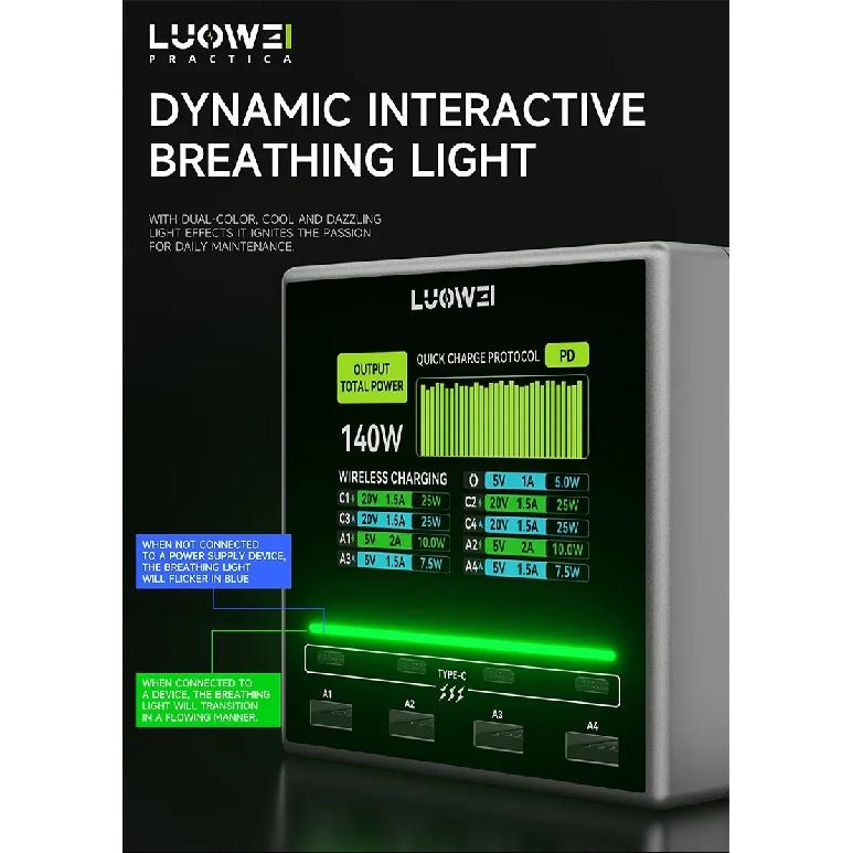 Luowei LW-U1 140W Raptor Desktop Charging Station 15W Wireless Fast Charging for Phone Watch PC Multi Port USB Charger