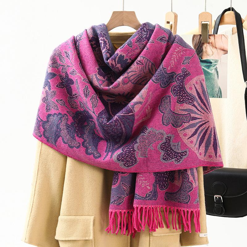 Jacquard Scarf Shawl with Decorative Imitation Cashmere Scarf for Women Winter High End New Style Thickened Ethnic Style Shawl