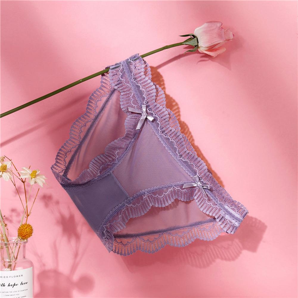 Women Mid‑Low Waist Sheer Mesh Panties Scalloped Lace Trim Double Bows Decor Soft Breathable Sweet Ladies Briefs Underwear Lingerie