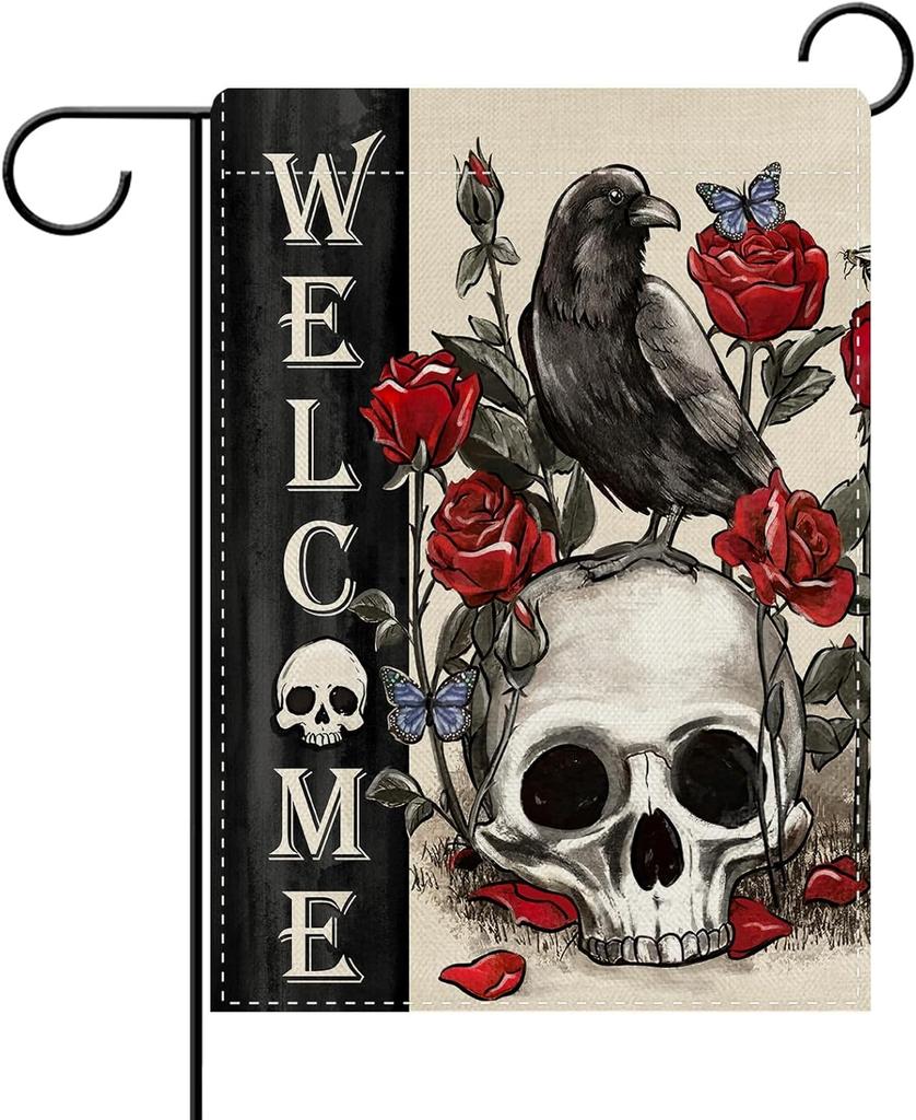 Dyrenson Welcome Halloween Gothic Skull Crow Decorative Garden Ag, Horror Skeleton Rose Ower Yard Outside Home Decoratio