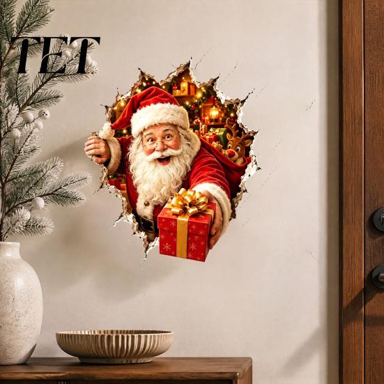 Living Room Wall Accents Christmas Break-In 3D Decal, Santa Claus/Deer/Snowman/Elf/Dog/Nutcracker/Gingerbread Man Patterns Window Easy Peel