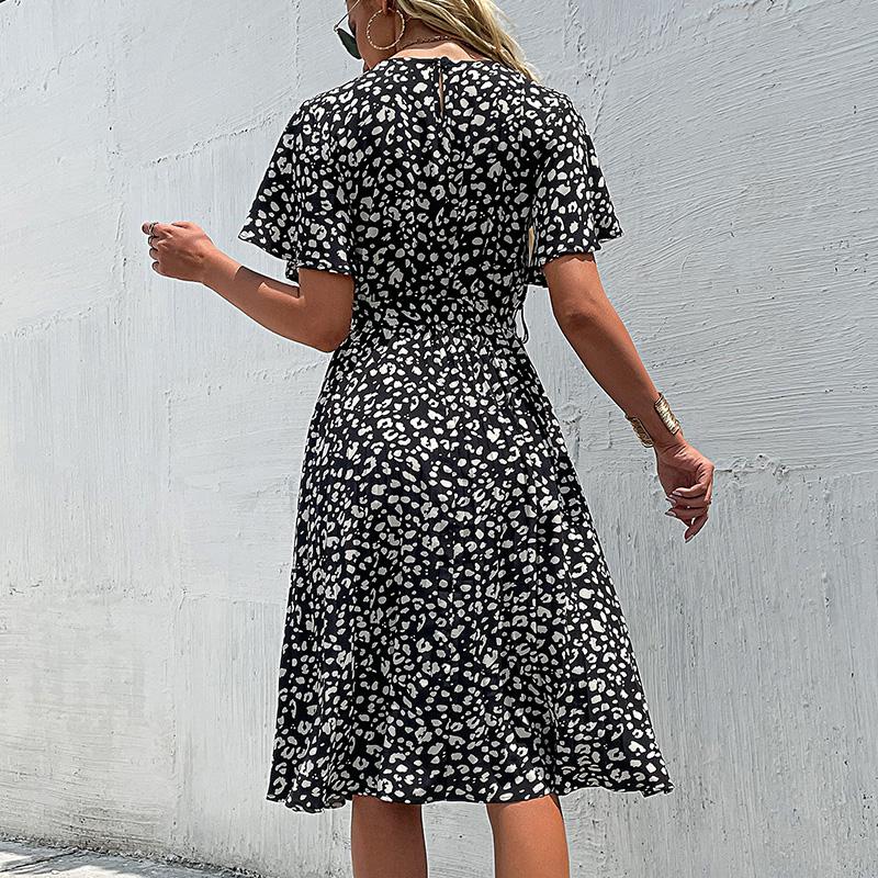 YYFS Dámská móda Léto Jaro Květinový potisk Neformální šaty s krátkým rukávem do O-výstřihu