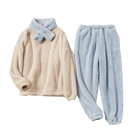 Fluffy Pajamas Set for Women Soft Fleece Pullover 2 Piece Pjs Loungewear with Scarf Winter Plush Warm Sleepwear Set