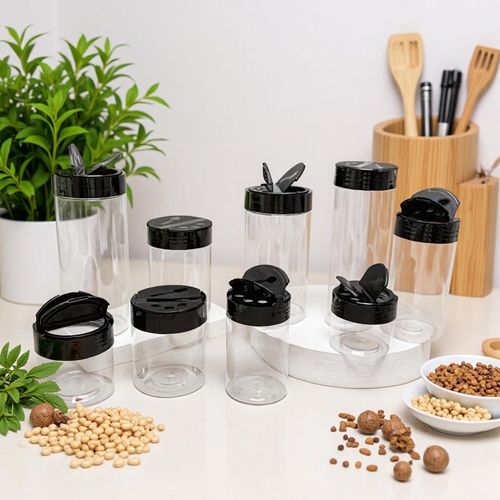Pet-Friendly Transparent Seasoning Bottle with Double Flip-Top for Salt, Pepper, MSG, and Barbecue. 65mm diameter, 65mm height