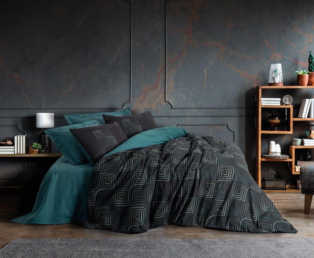 Parure de lit - 1 housse de couette 140 x 200cm + 1 taies d'oreiller 60 x 60 cm - 100% coton renforcé - Imprimé Bleu pétrole