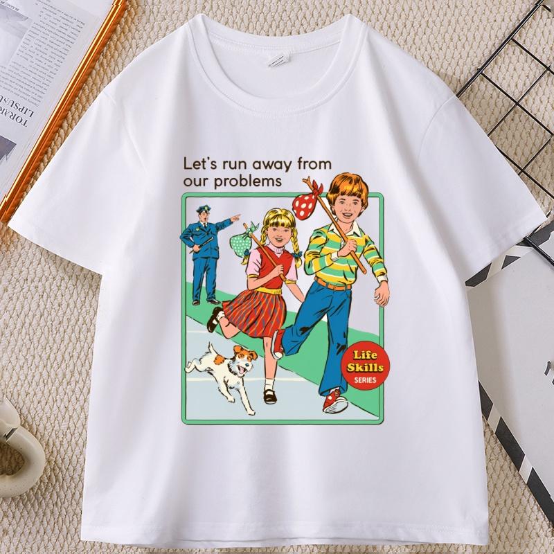 Lets Run Away Graphic T Shirts Crewneck Vintage Short Sleeve Unisex WOMEN Tee Shirt Unisexs Designer Clothing Streetwear Tops