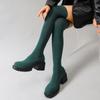 Winter Round Head Fly-Woven Thin Knee Boots Large Size Thick-Soled Medium Heel Elastic Thin Boots Women