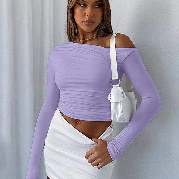 YYFS Moda Donna Casual Primavera Autunno Tinta Unita Stampa Manica Lunga Scollo Obliquo Bluse e Camicie
